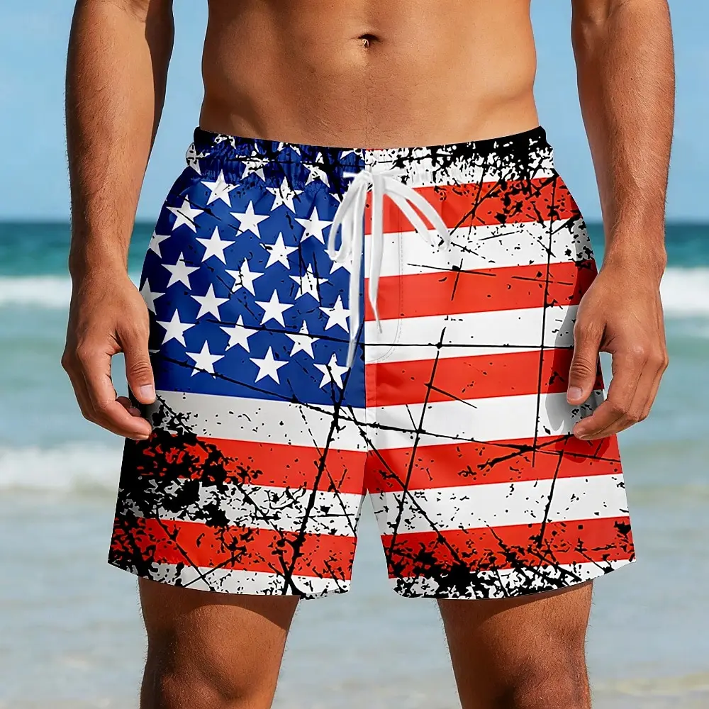

Men's US Flag Print Beach Shorts, Mid Waist Board Shorts, Elastic Drawstring, Casual Holiday Wear