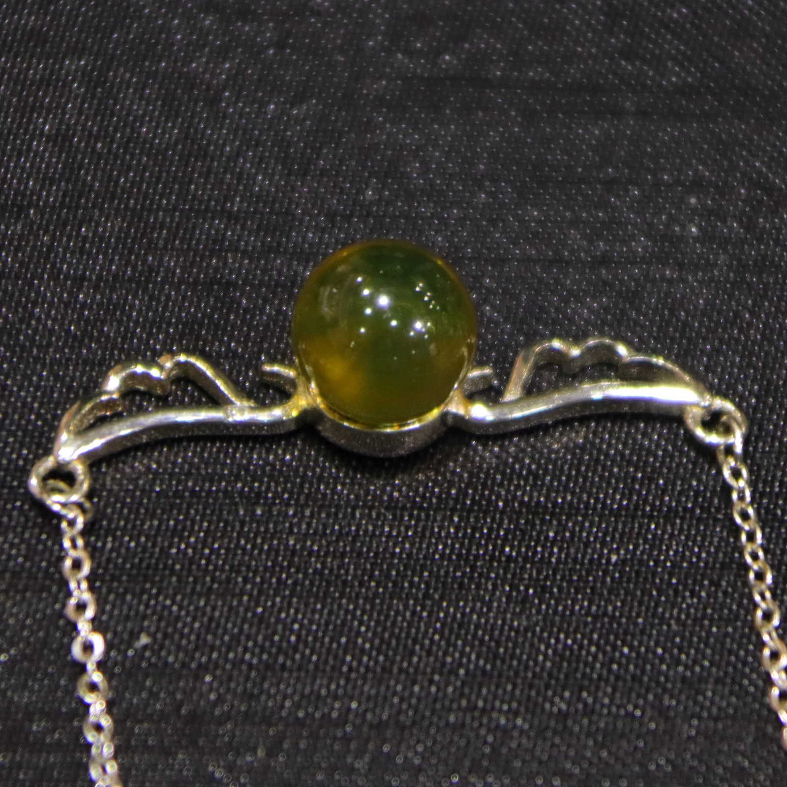 Silver Wings Pendant with Natural Mexican Blue Amber 8mm Amber Bead and Sterling Silver Chain