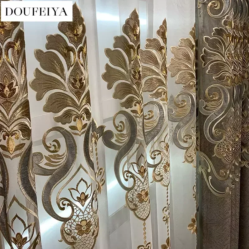 European Embroidered Grey Luxury Curtains For Living Room Bedroom Blackout Valance Window Screening Villa Decor Tulle Custom