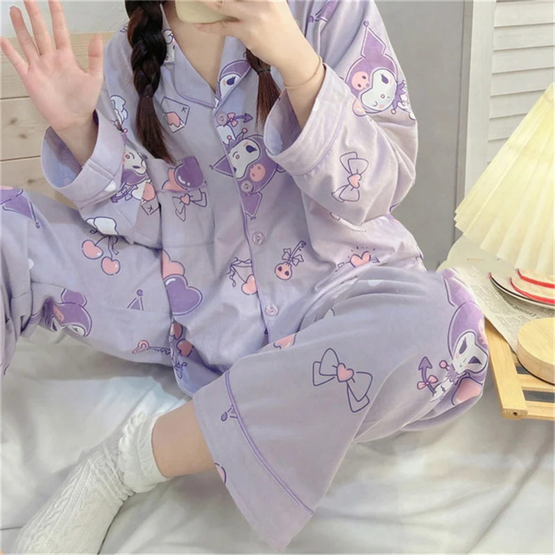 Sanrio Hello Kitty Kuromi Cosplay Clothes Set Pajamas Thick Coral Vestido Kawaii Cosplay Nightgown Home Suit Coat