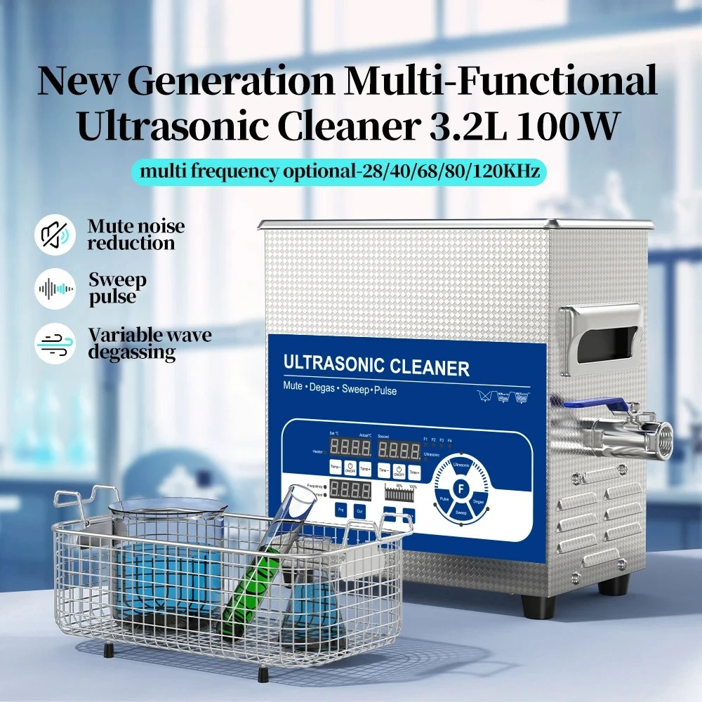 Multi‑Frequency 28‑120KHz Ultrasonic Cleaner 3.2L 100W | Lab Ultrasonic Bath for Precision Parts Cleaning