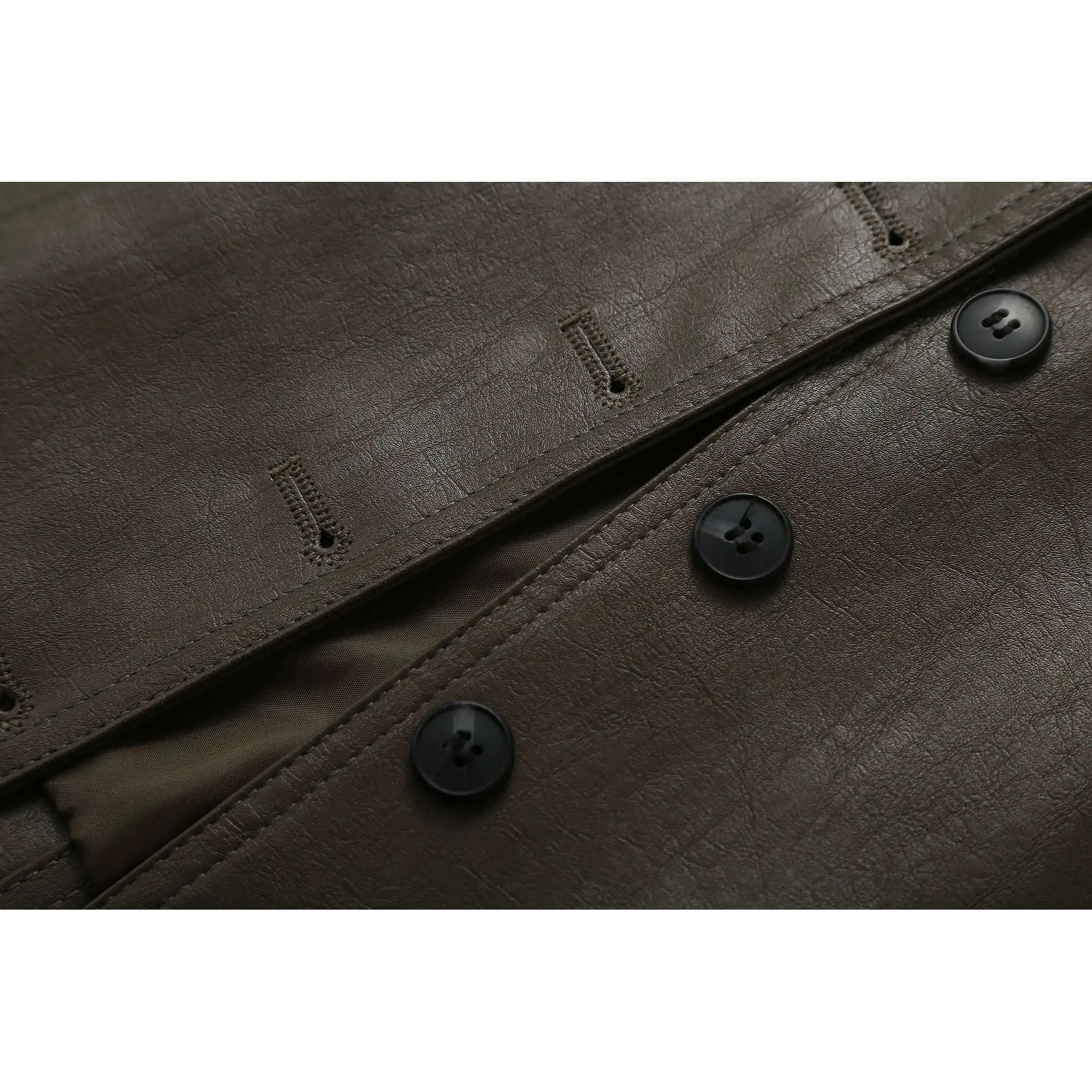 معطف نسائي من جلد البولي يوريثان رائع للخريف متعدد الاستخدامات بزر واحد للدراجة النارية معطف علوي مستدير Ne Long Sve #4