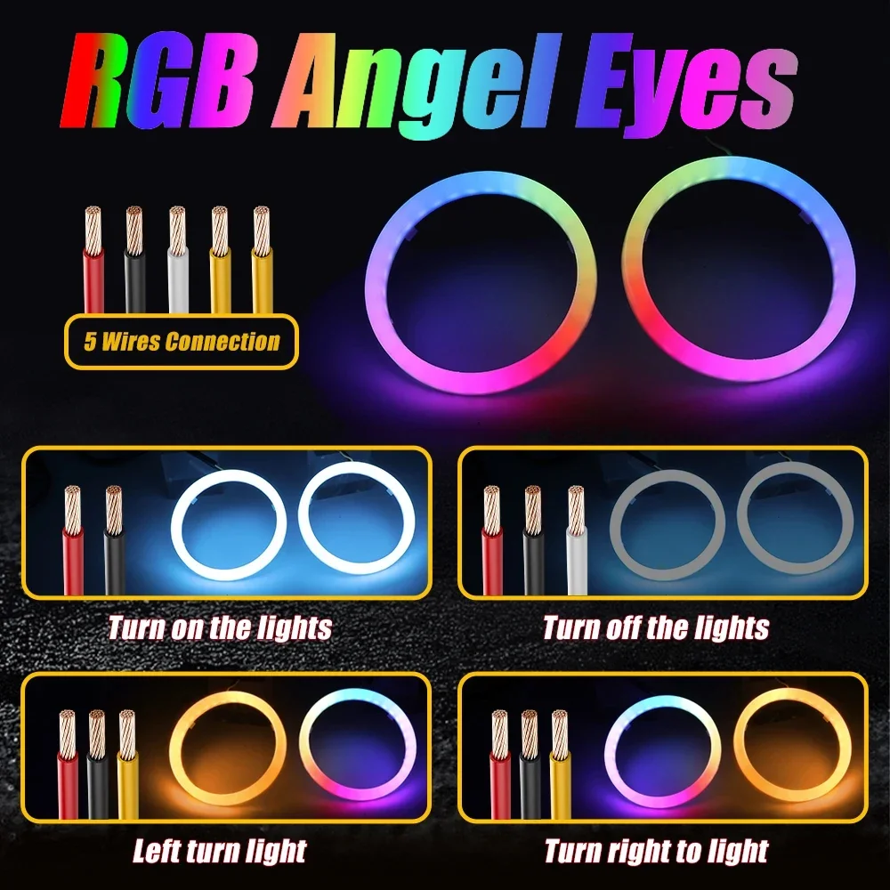 APP Control RGB LED Angel Eyes Contton Light 60mm 70mm 80mm 90mm Rgb Halo Ring DRL LED Headlights 12-24V for Motorcyle Car 4x4