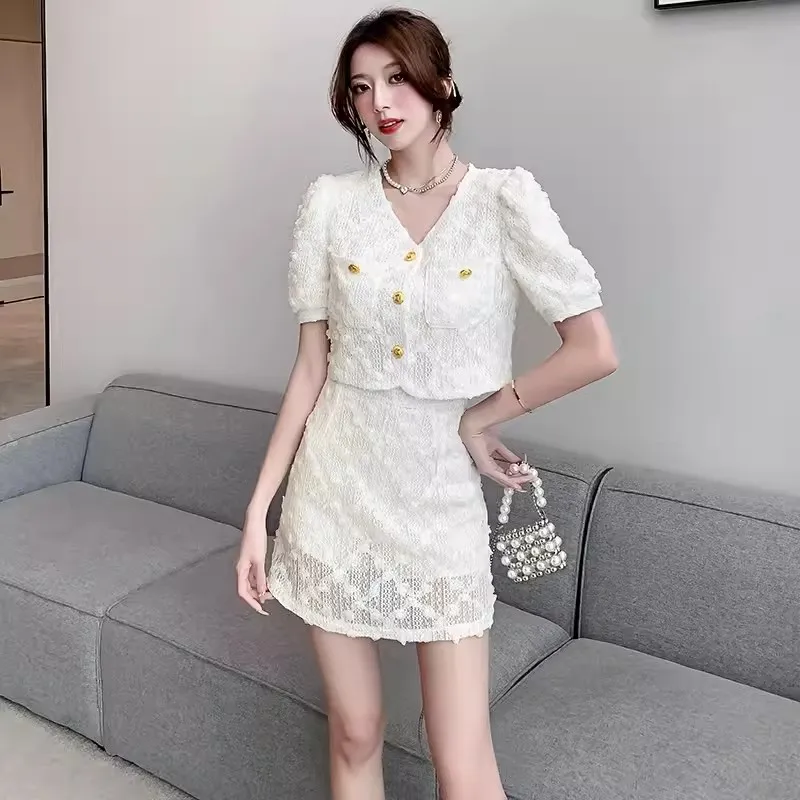 

Summer High Quality French Small Fragrance Lace Two Piece Set Women Outfits Vintage Cardigan Top+Mini Skirt 2 Piece Suits Ladies