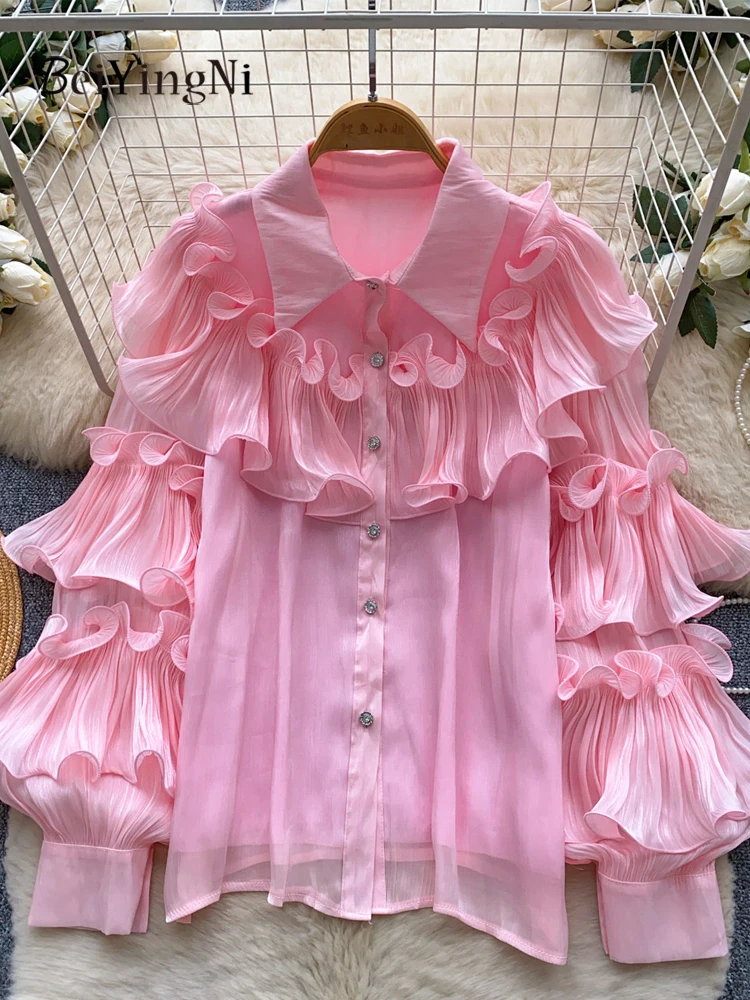 Beiyingni Heavy Industry Women's Shirts Blouses Ruffles Patchwork Elegant Luxury Tops Ladies Korean Fashion Casual Blusas 2026