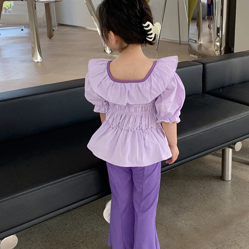 2023 Summer New Girls\' Clothing Sets Korean Bowknot Ruffles Short Sleeve Top+Fashion Bell-bottoms Girls Fashion Kids Outfit