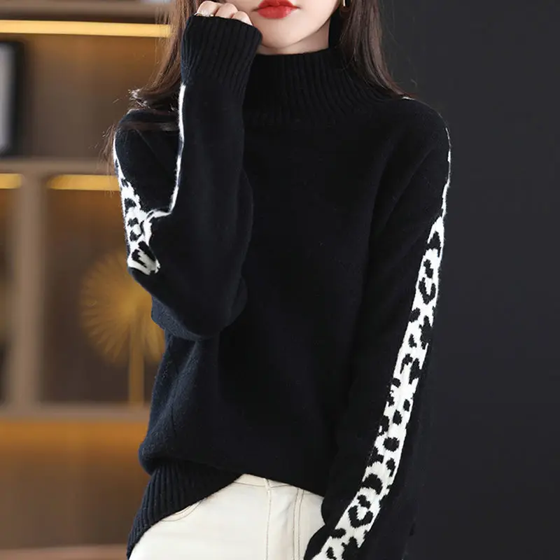 Casual Fashion Turtleneck Spliced Loose Sweater Female Clothing 2022 Autumn Winter New All-match Pullovers Korean Sweaters