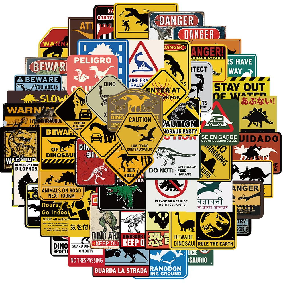 10/30/60pcs Jurassic Dinosaur Warning Stickers pericolo divieto decalcomanie fai da te Notebook frigorifero moto bagagli Car Sticker giocattolo per