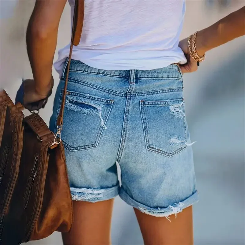 Fashion Vintage Broken Holes Denim Shorts Women Straight Mini Jeans Three Quarter Pants Female Summer Casual Trend Streetwear 24