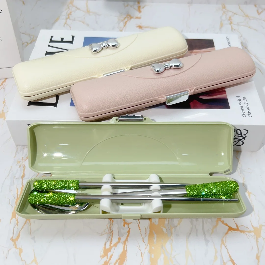 Bling Diamond 3 Pcs Stainless Steel Tableware Set Outdoor Travel Spoon Fork Chopsticks lunch Box Campus Camping Cutlery