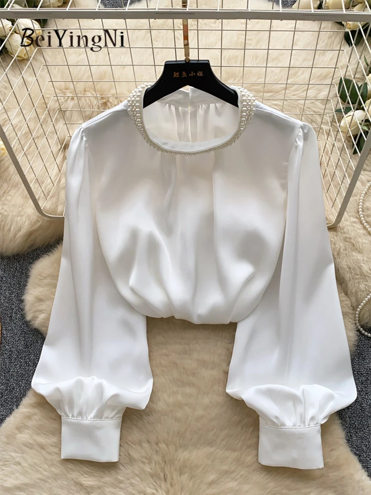 

Элегантные роскошные блузки Beiyingni для женщин: атласные рубашки с жемчугом и длинным рукавом для офиса, дышащие, свободного кроя, белые и черные