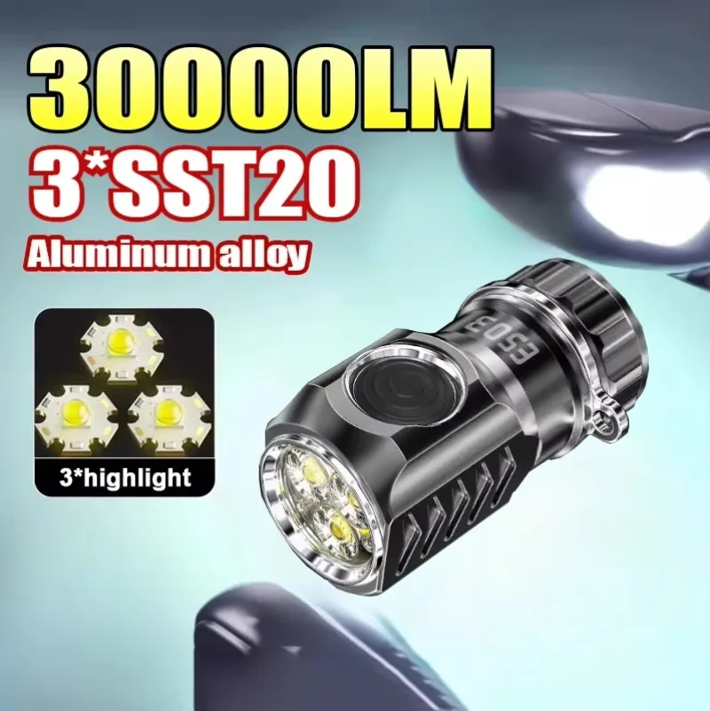 Mini 3*SST20 Powerful LED Flashlight USB Rechargeable 6 Modes Torch Super Bright Waterproof Portable Light for Camping Fishing