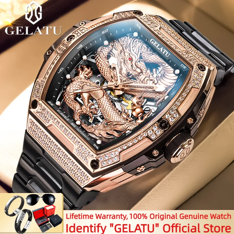 

GELATU Hollow Dragon Mechanical Watch for Men Sapphire Mirror Steel Strap 51mm Large Dial Automatic Men's Watch Rose Gold 6021