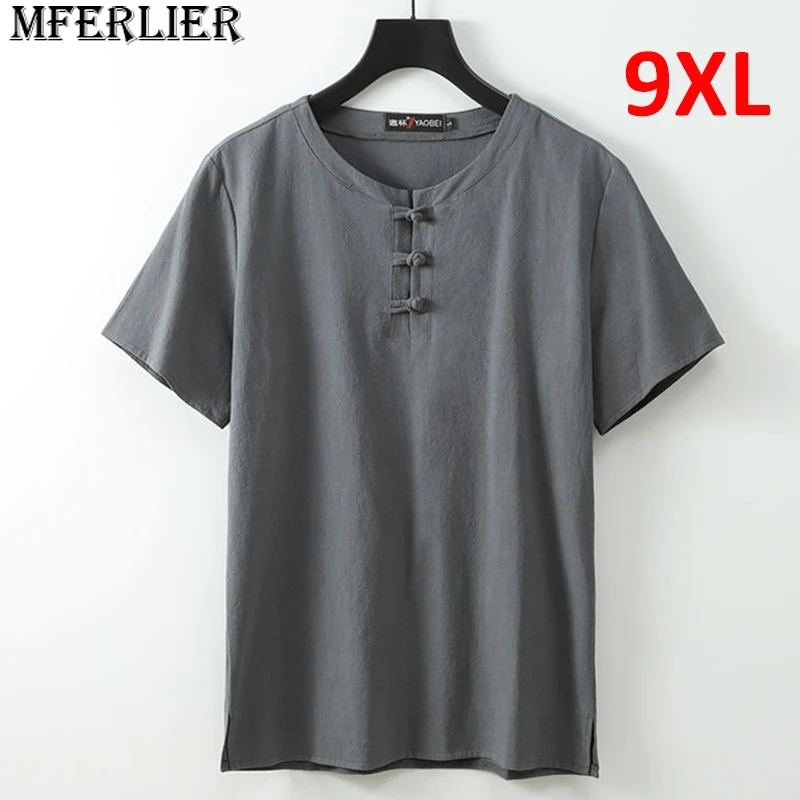 

Summer Linen T-shirt Men Solid Color Tshirt Fashion Casual Linen Tees Tops Male Chinese Style Buttons T Shirts Plus Size 8XL 9XL