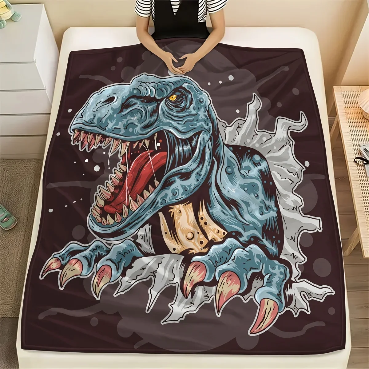 Dinosaur Skull Print Throw Blanket Cool Roaring Jurassic Reptile Art Home Decor Gift