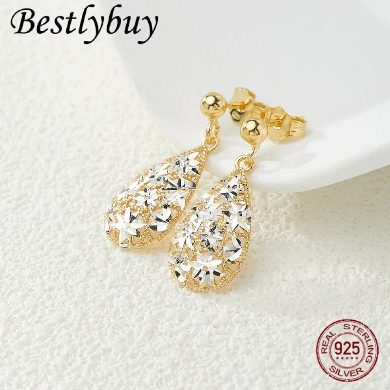 

Italian style 925 Sterling Silver Gold-plated Two Tone Flower Hollow Carved Droplet Shaped Unique Luxury Women's Pendant Earring