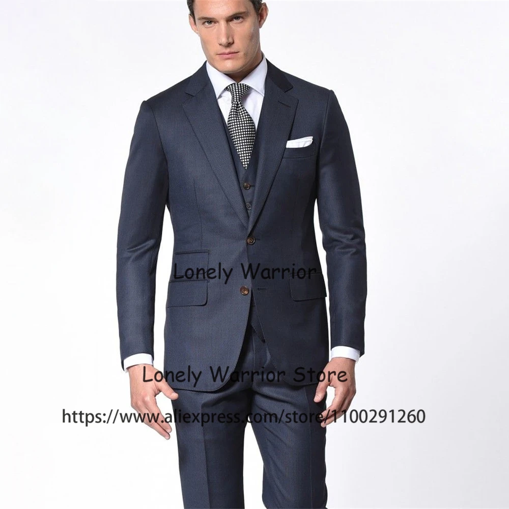 Classic Navy Blue Mens Suits 3 Piece Set Formal Business Blazer Slim Fit Wedding Groom Tuxedo Terno Masculino Jacket Vest Pants