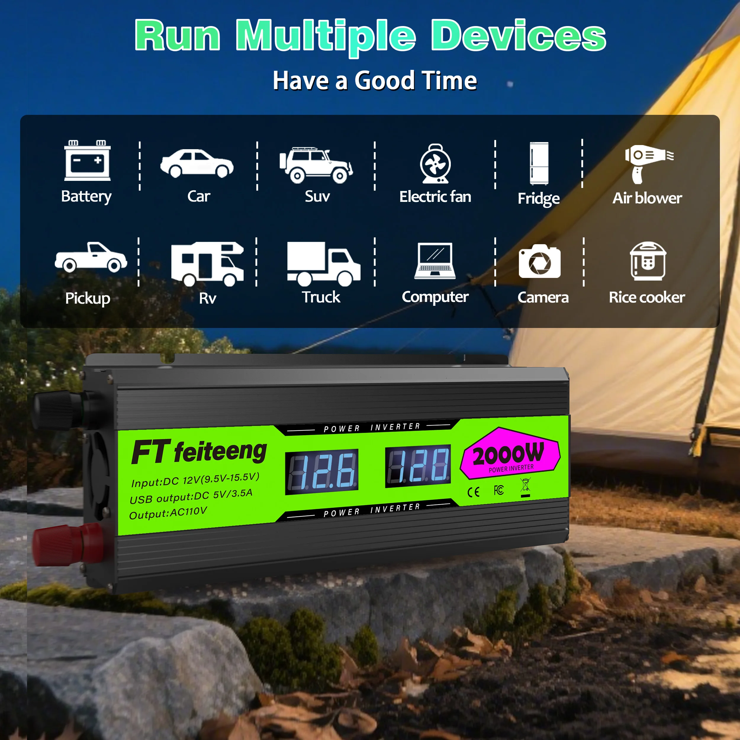 Acessórios eletrônicos para carro, inversor de energia 12v a 110v com display lcd, 2 tomadas ac e portas usb para carros, rvs, acampamento