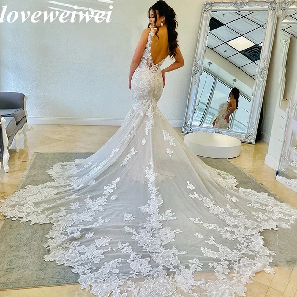 Spaghetti Strap Boho sirena abito da sposa pizzo spiaggia abito da sposa aperto indietro lungo treno abito da sposa abito da sposa Vestido Novia