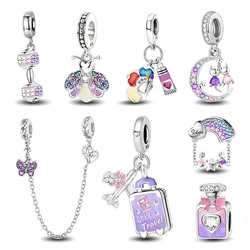 925 Sterling Silver Purple Series Love Heart Flower Safety Chain Charm Beads Fit Original Bracelets Bangles Jewelry Gift