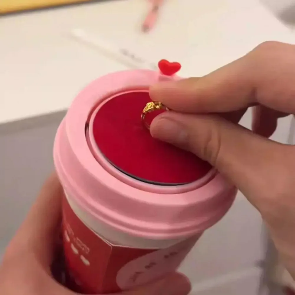 Rotating First Cup of Milk Tea Creative Ring Box Storage Romantic Heart-shaped Flip-up Lid Jewelry Box DIY Compact