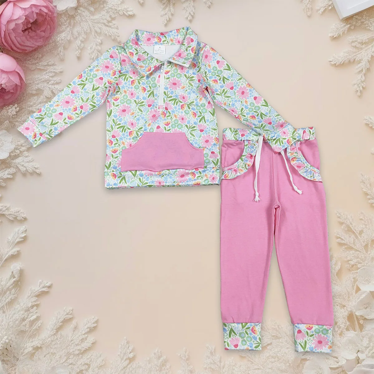 

Baby Girl Colorful Flower Long Sleeve Pullover Zipper Tops Set Kids Jogger Pant Infant Toddler Outfit Children Clothes Wholesale