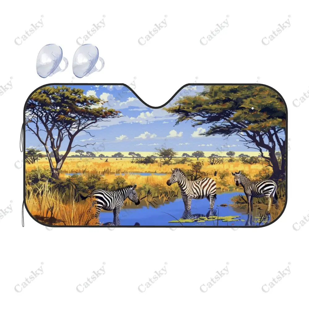 Zebras Foraging in River Car Windshield Sunshade,Auto Accessories Front Windshield Sun Visor Blocks Uv Rays Protect Decoration