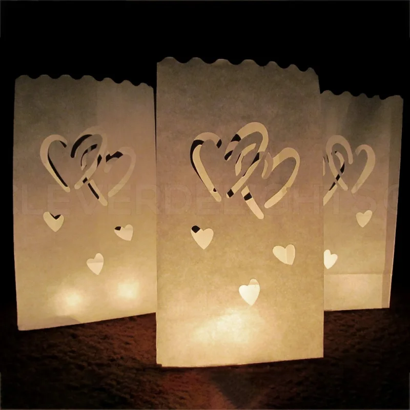 Flame Resistant Candle Bag 10 Pack White Paper Bags Heart Design Candle Holder Table Centerpiece for Wedding Party Christmas