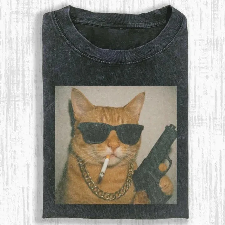 Vintage Wash Gangster Cat Meme Shirt, Thug Kitty With Gun & Shades Tee, Women and Man T-Shirt Washed T-shirt
