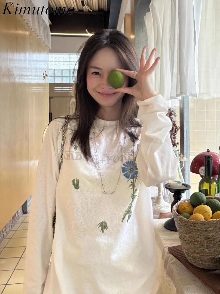 

Kimutomo женские футболки с мультяшным принтом, забавные милые свободные осенние модные топы с длинным рукавом и круглым вырезом, женские повседневные футболки Y2k