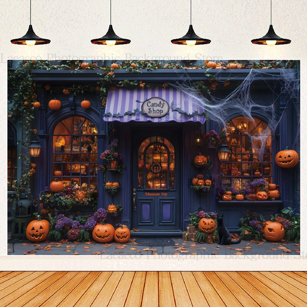 Halloween Candy Shop Photography Background Magic Book Witch Pumpkin Black Cat Halloween Night Party Background Birthday Poster