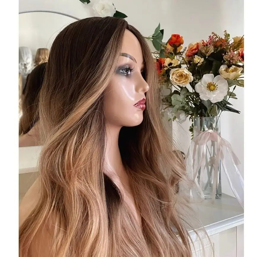 Perruque Lace Front Wig synthétique sans colle, cheveux ondulés, couleur blond miel ombré brun, avec naissance des cheveux pre-plucked