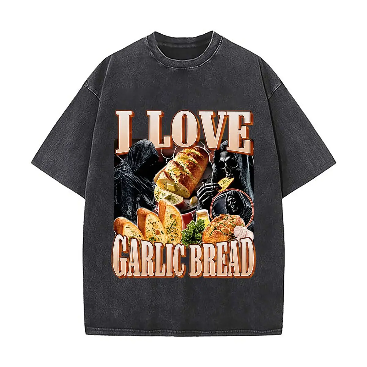 Love Garlic Bread Skull Dark Humor Design Washed Short Sleeve Loose Streetwear Tee Hip Hop