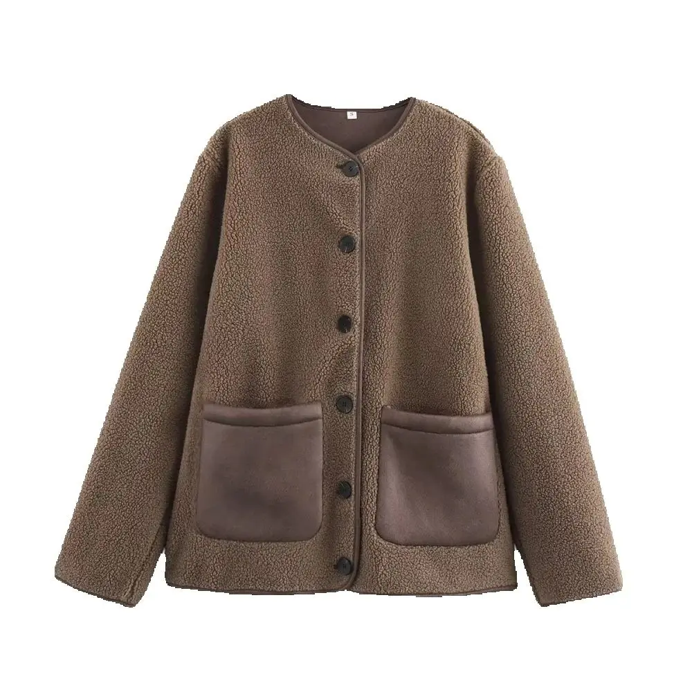 

Женский флисовый свободный топ с круглым вырезом и длинными рукавами, карманом на пуговицах, осень/зима, новое теплое пальто