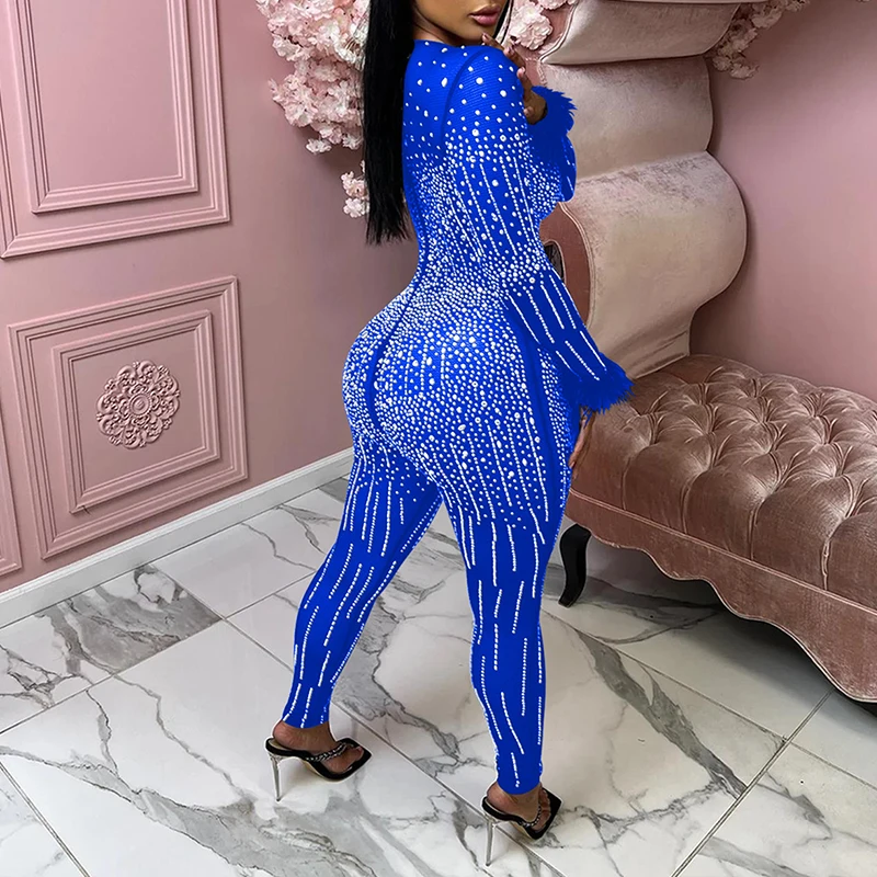 OMSJ 2025 Luxe Strass Veer Splice Sexy Mesh Perspectief O Hals Jumpsuits Bodycon vrouwen Sexy Stijlvolle Midnight Clubwear