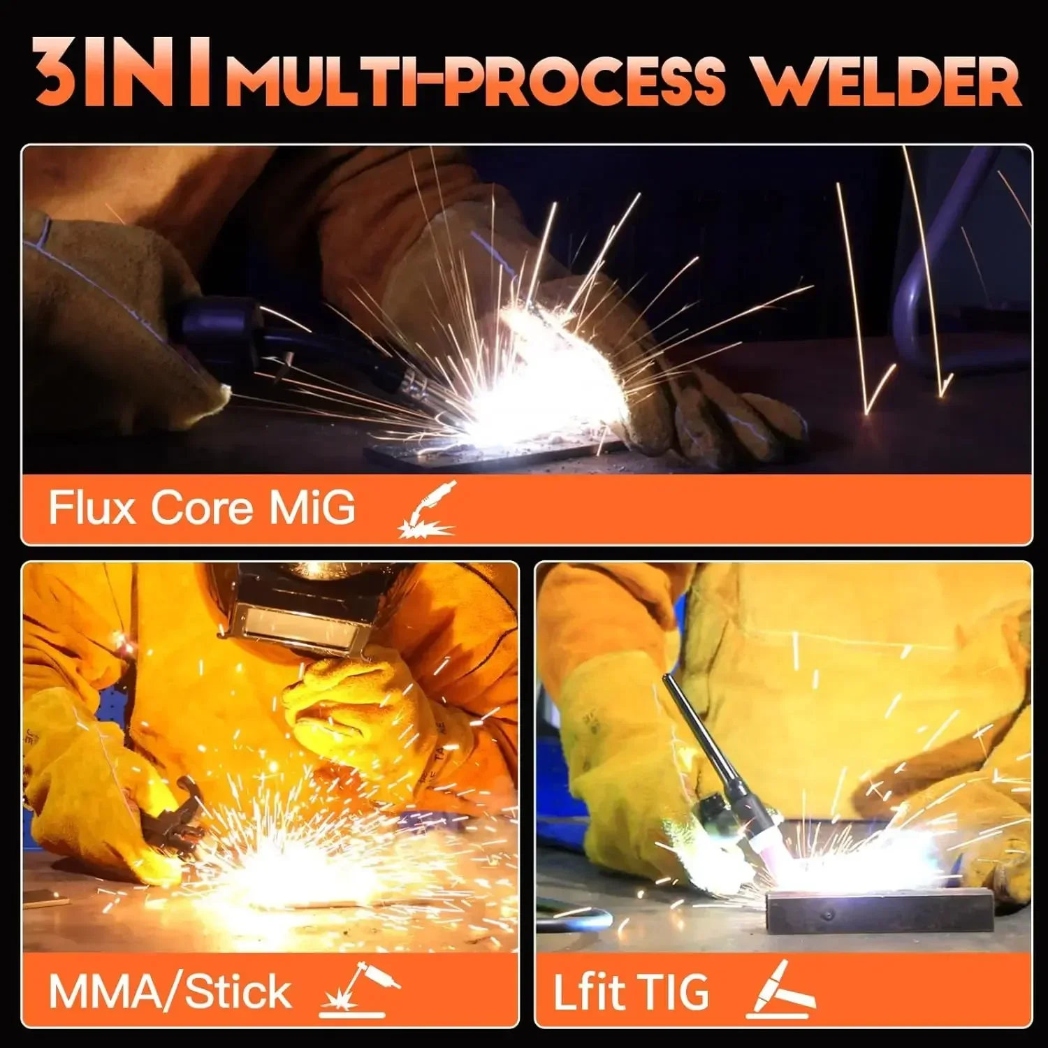 135A Flux Core MIG Welder 110V Gasless Lift TIG Stick 3 In 1 Portable Welding Machine IGBT Inverter Wire Feed Welder LED Display