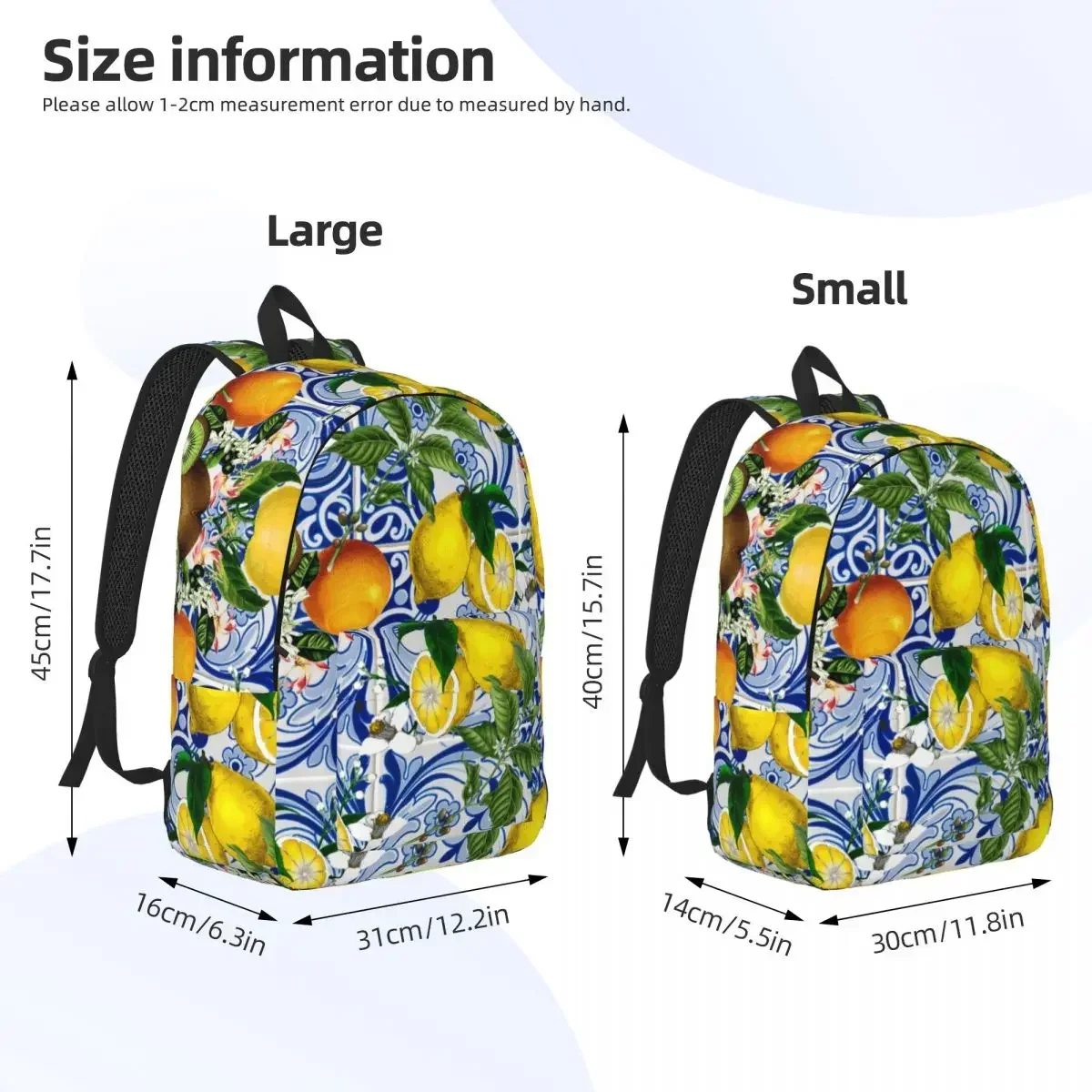 مخصص البحر الأبيض المتوسط الليمون على بلاط السيراميك الأزرق السفر حقيبة من القماش الكمبيوتر المحمول الكتب الصيف الحمضيات الفاكهة كلية Daypack أكياس