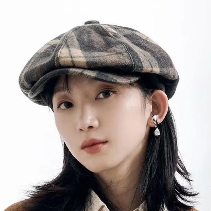 Warm Newsboy Cap for Fall Winter, Vintage Plaid Beret Hat for Women Men, Artist Painter Hat