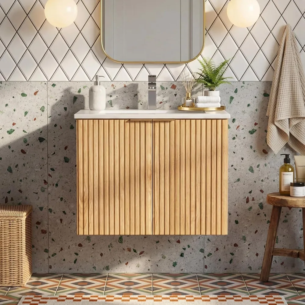 

24 Inch Bathroom Vanity with Sink, Wall Mounted Floating Cabinet with Ceramic Basin, Waterproof Engineered Wood for, Customized