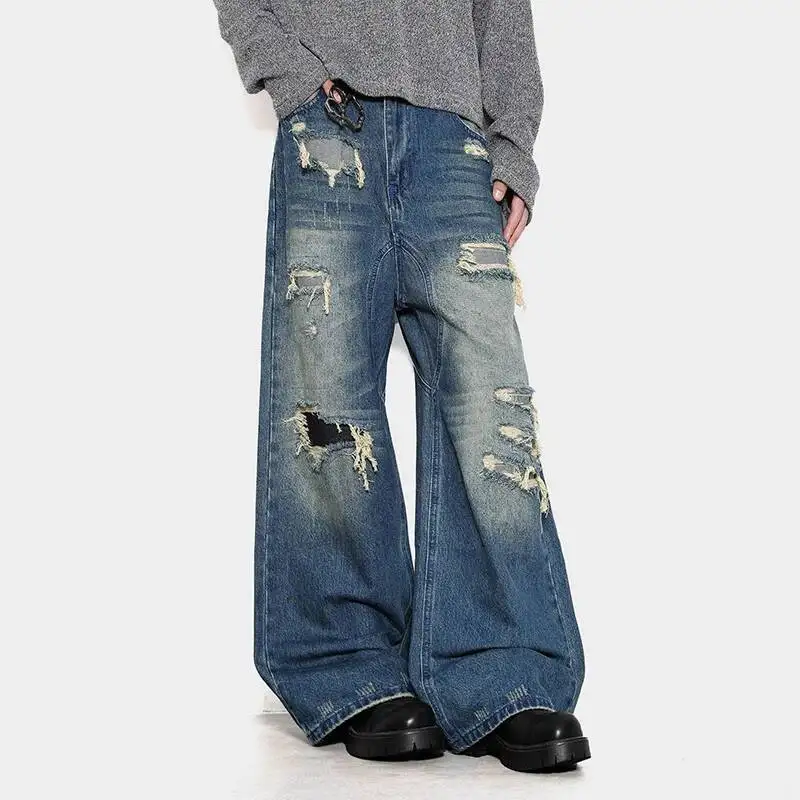 American Style Men Denim Trousers Holes Design Patch Jeans Contrast Color Washed Straight Leg All-match Male Bottom 9WN8BJ