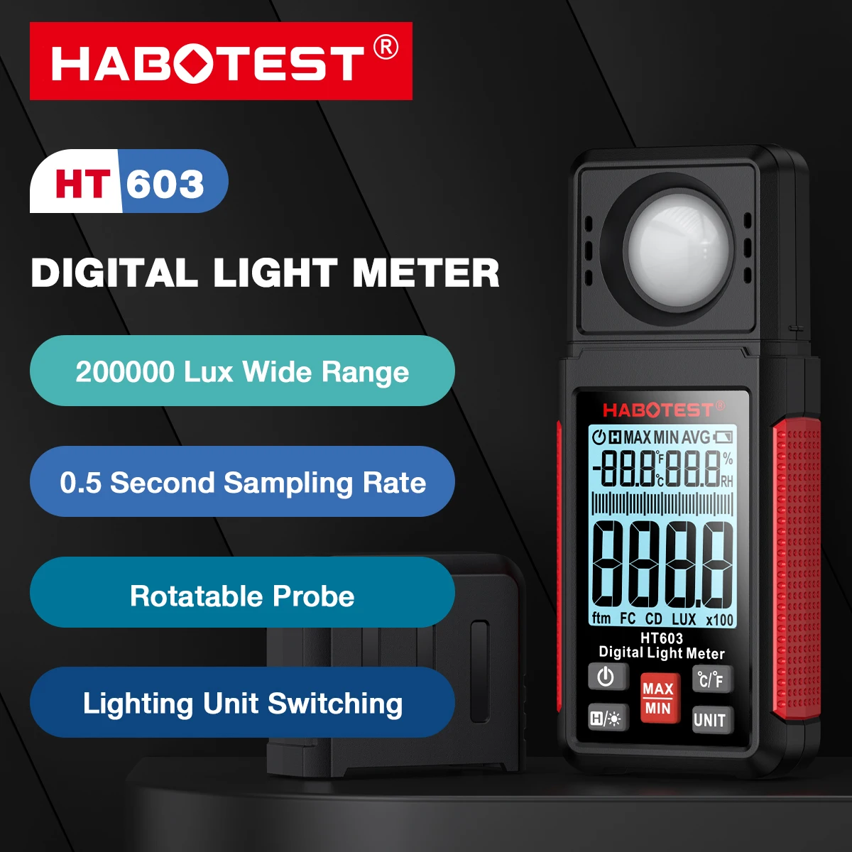 HABOTEST HT603 Digital Luxmeter 200000 Lux FC Lightmeter Illuminance Meter Tester With Ambient Humidity and Temperature Meter