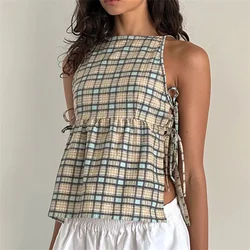 Vintage Y2K Fairycore Camis Plaid Solid Color Cut Out Side Tie Up Vest Women Casual Loose Sleeveless Crop Top Holiday