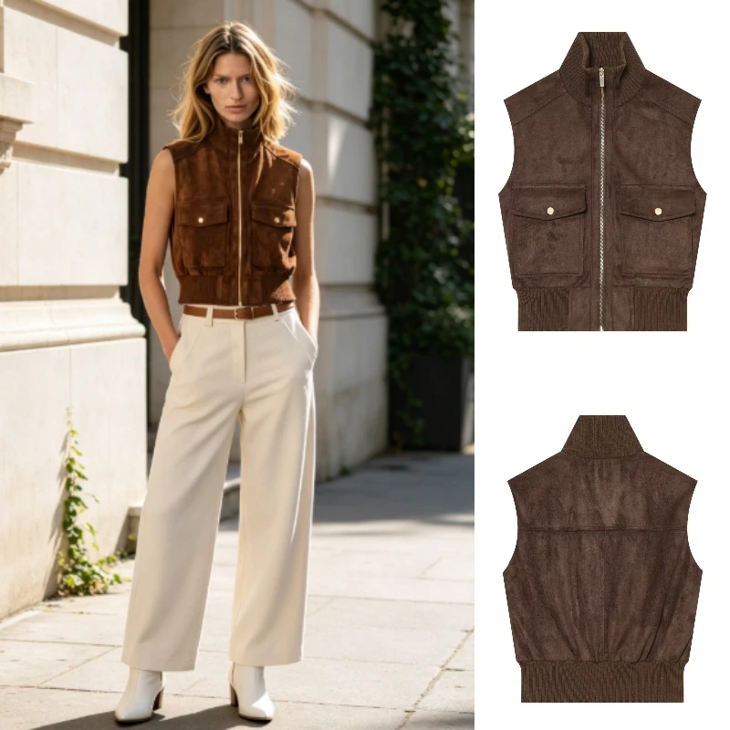 2026 Women's Faux Suede Vest, Minimalist High Neck Sleeveless Zipper Pockets Elastic Hem Fashion Top
