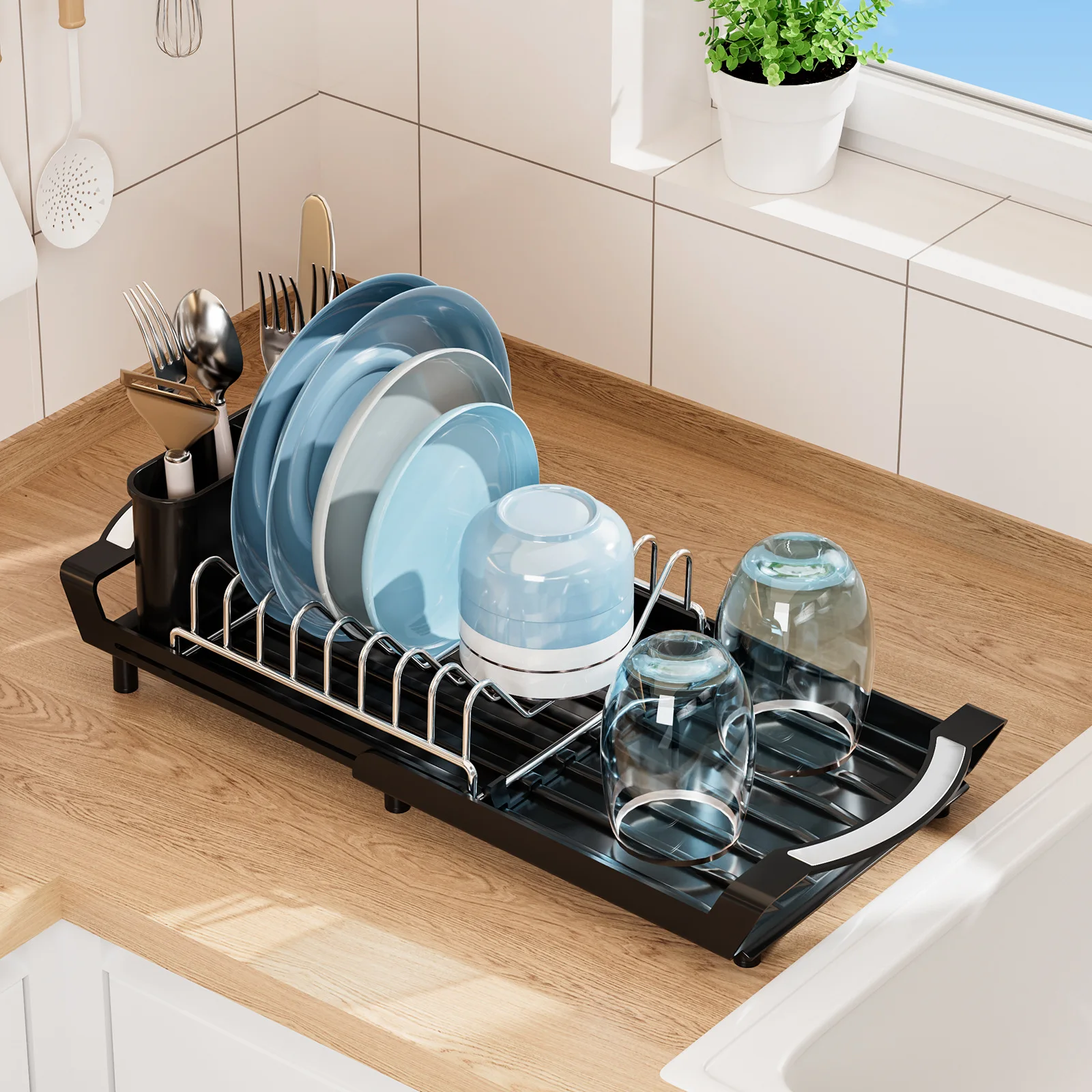 

1pc 2in1 Dish organizer,Dish rack for dish drying,Expandable Dish storage rack with knife fork holder,Kitchen organizer storage