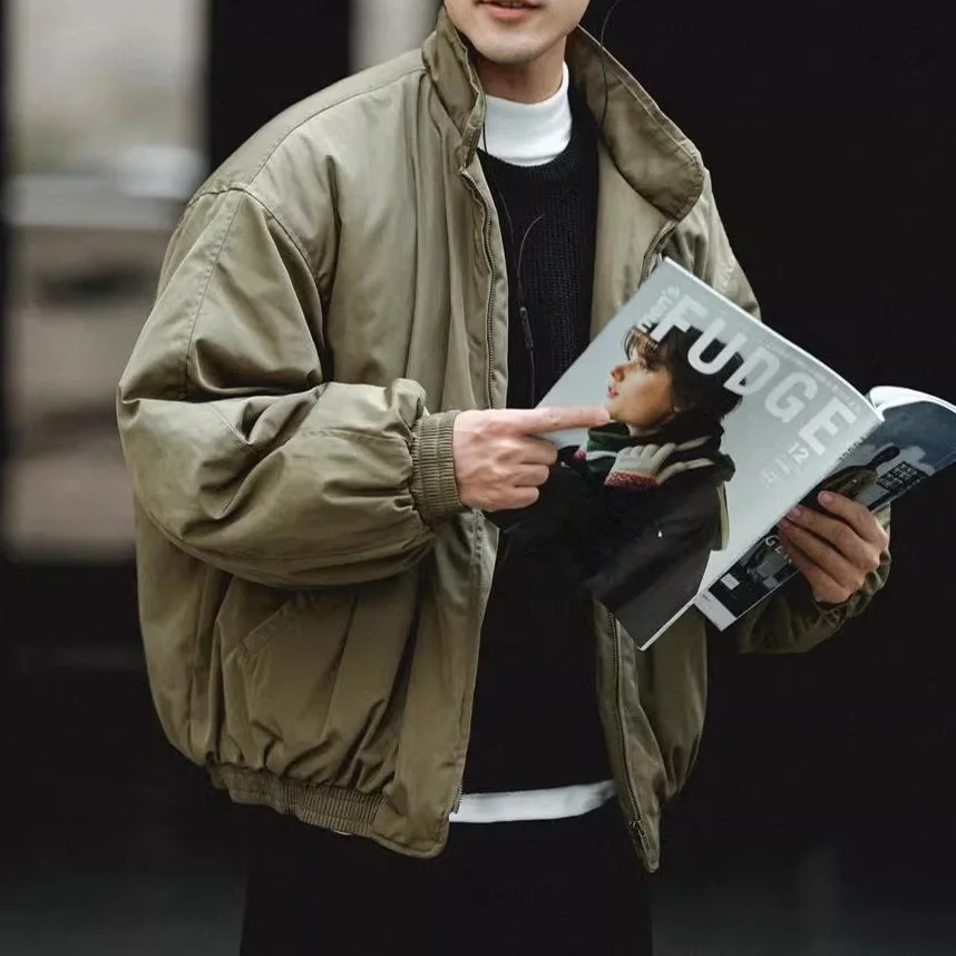

Retro Japanese Style Cotton Jacket Men's Autumn Winter Warm Pure Color Outerwear Standard Fit Long Sleeve Zipper Closure Jacket