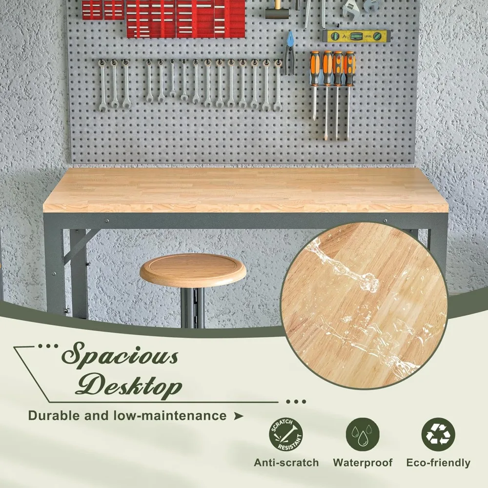 منضدة عمل بإطار معدني قوي مع ارتفاع قابل للتعديل وسطح خشبي واسع لورشة العمل والمكتب والمنزل واستخدام المطاعم