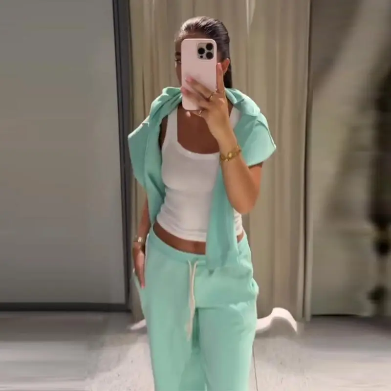 Damen Crop-Hoodie-Sweatset-Outfit, Langarm-Kapuzenpullover mit Kordelzug, Weitbeinige Jogginghose, Trainingsanzug, Lässige Streetwear – Detail 18