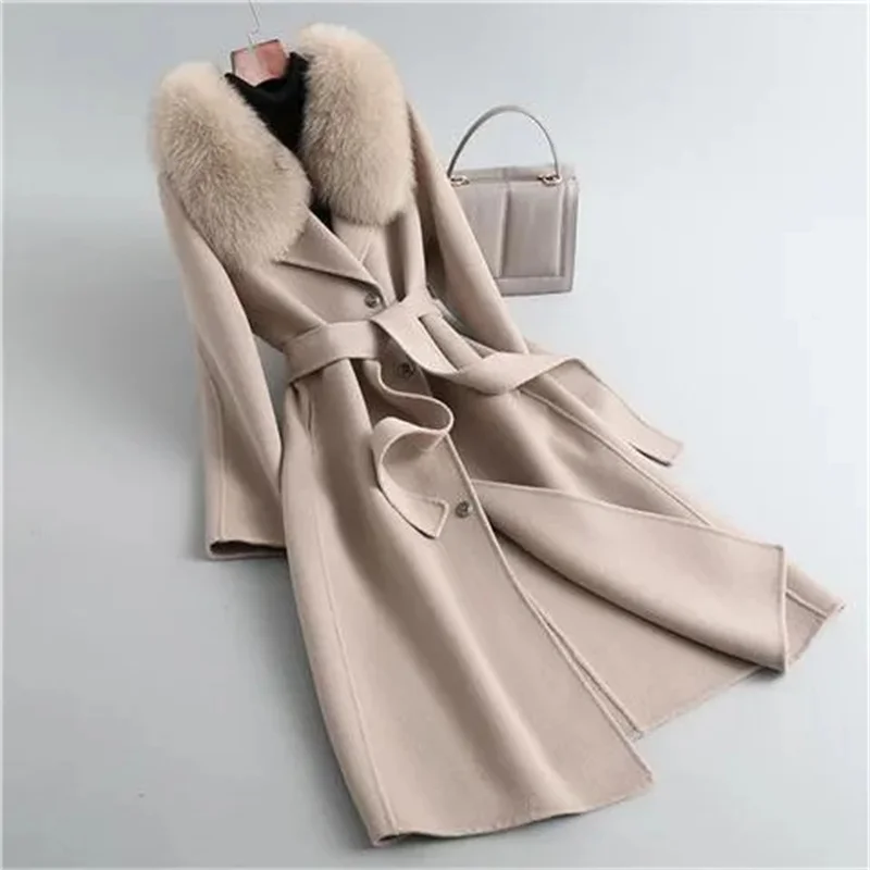 

Elegant Women Woolen Coat Long Sleeve Korean Fashion Vintage Jackets Slim Solid 2024 New Autumn Winter With Belted Wool Coats