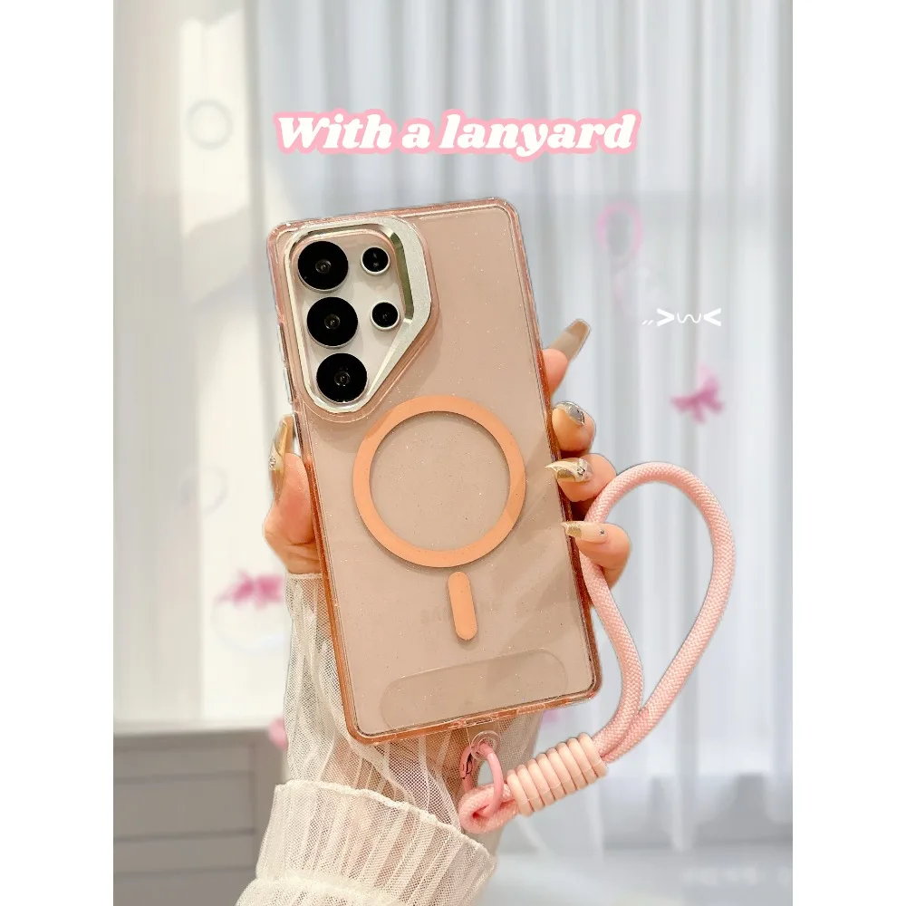 Luxe Magnetische "Glitter" Stand Shockproof Clear Case Voor Samsung Galaxy S25 S24 S23 S22Ultra Plus S24FE PC + TPU Magnetische Cover