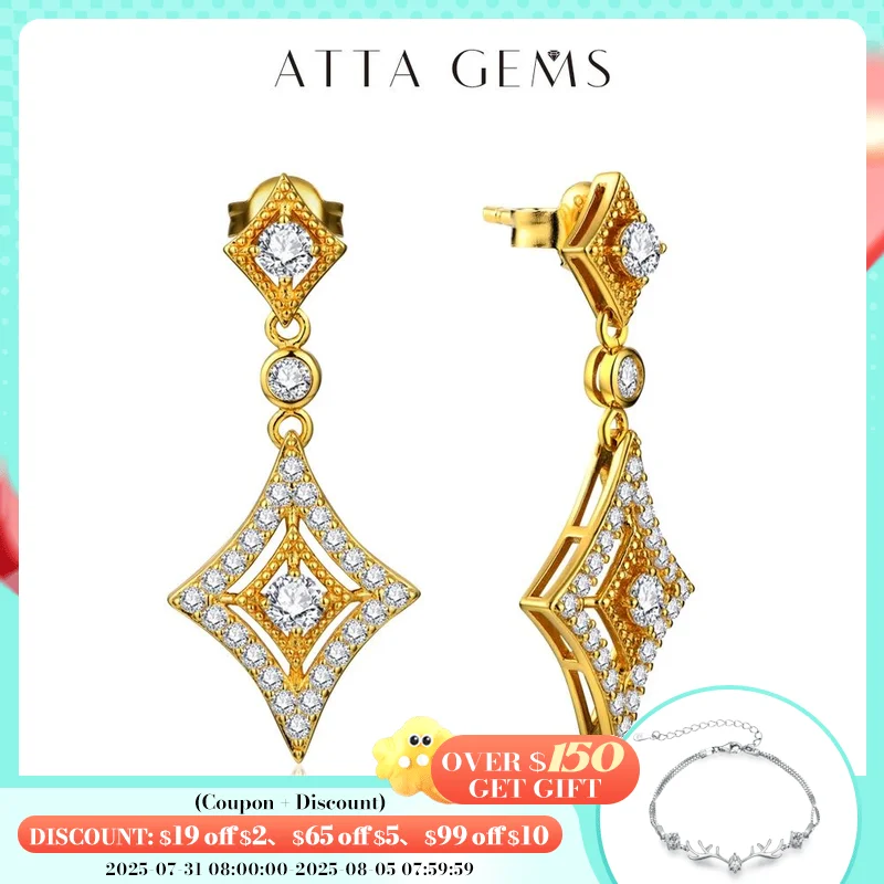 

ATTAGEMS Luxurly D Color VVS1 Brilliant Moissanite Earrings for Women 925 Sterling Silver Yellow Gold Plated Anniversary Jewelry